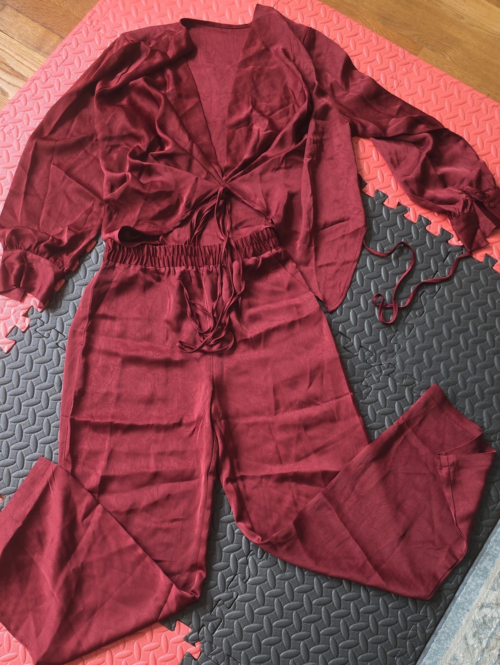 Women's Burgundy Satin Tie-Front Pajama Set